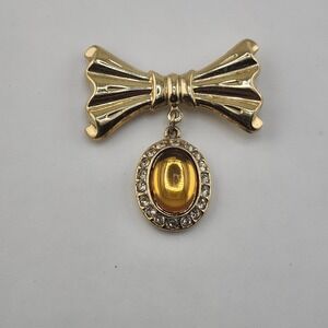 Vintage Gold Tone Bow With Amber Color Dangle Brooch Pin